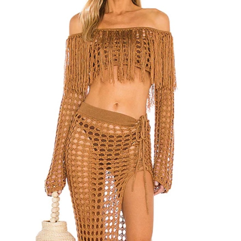 Lovers + Friends Tan Crochet Swim Coverup